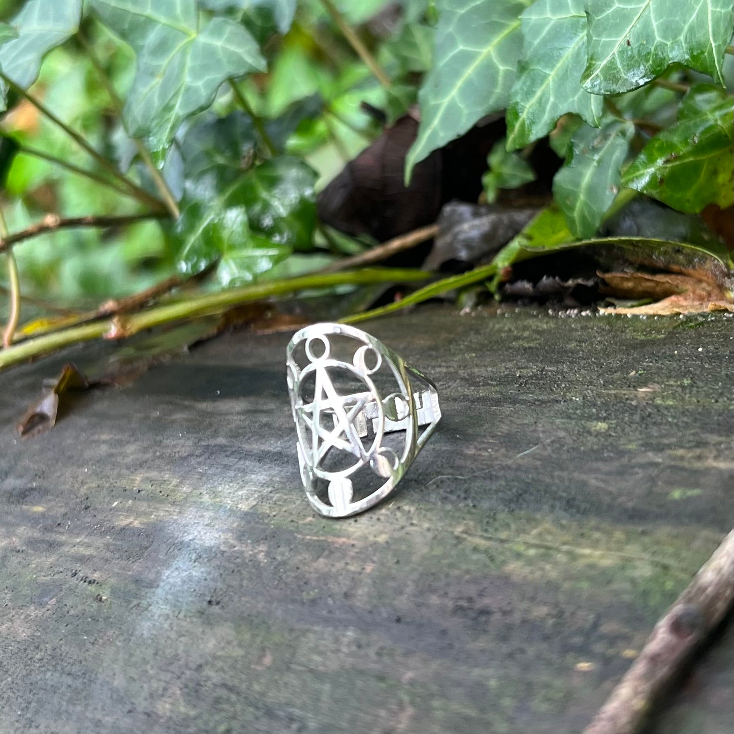 Bague Pentagramme cycle lunaire - acier inoxydable argenté - réglable