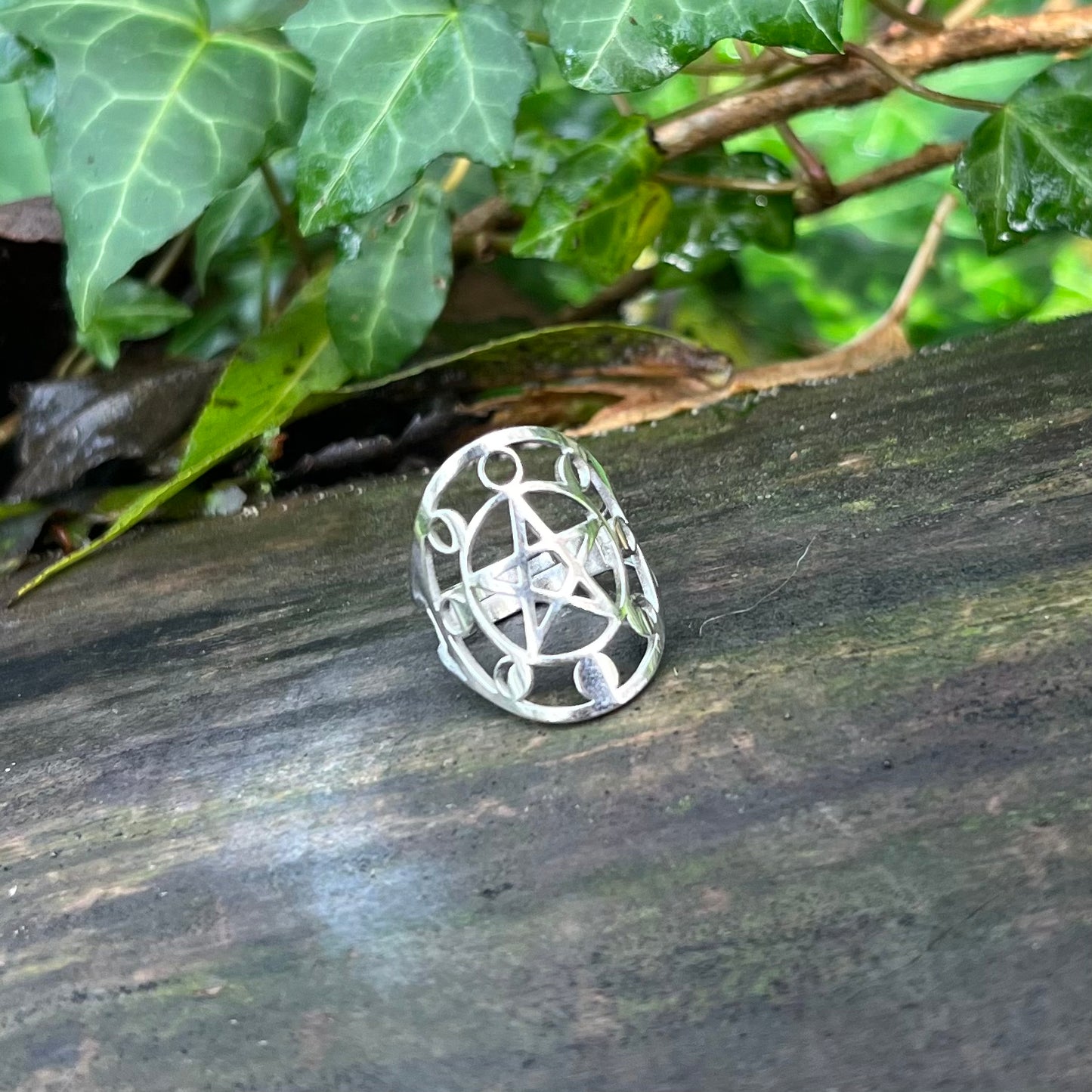 Bague Pentagramme cycle lunaire - acier inoxydable argenté - réglable
