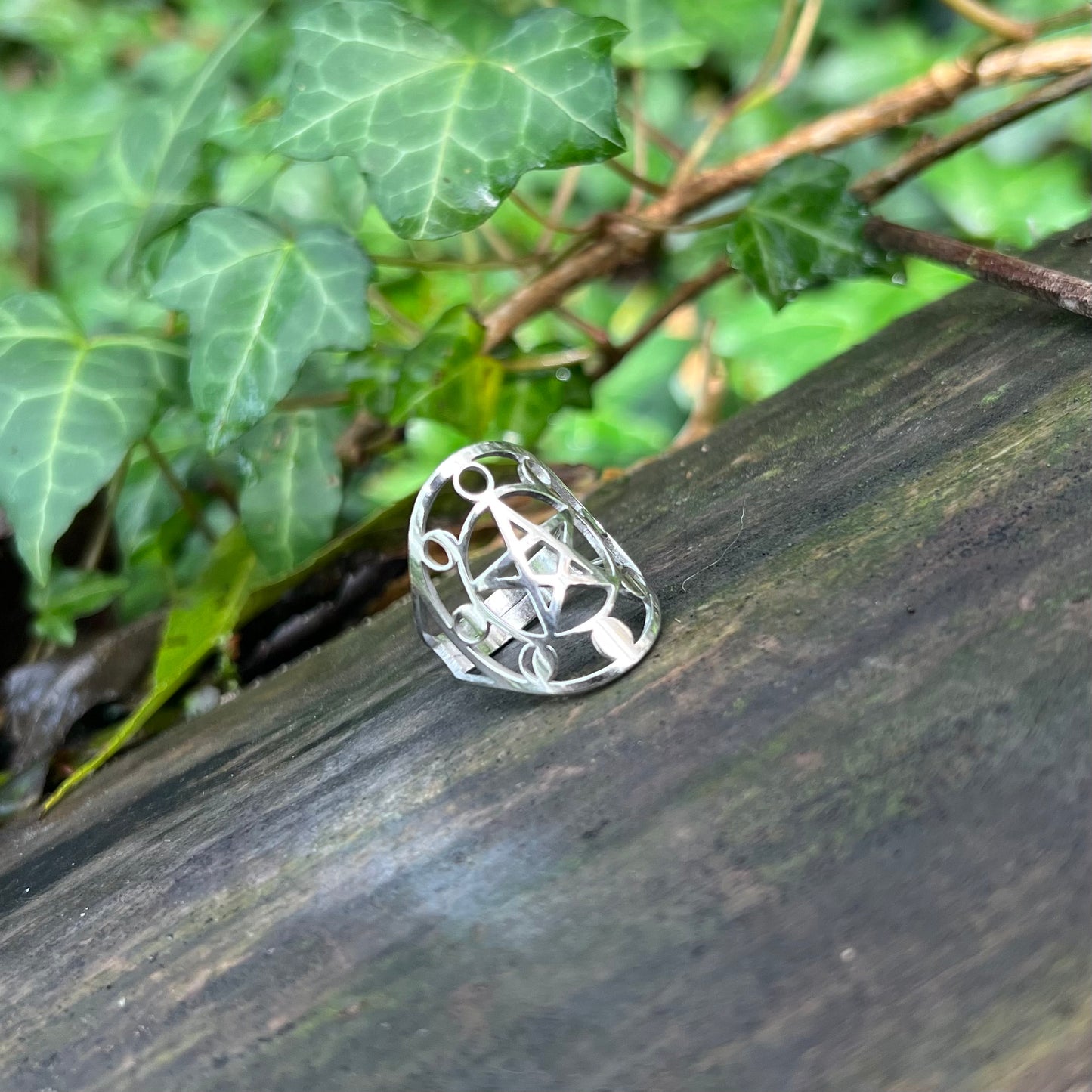Bague Pentagramme cycle lunaire - acier inoxydable argenté - réglable