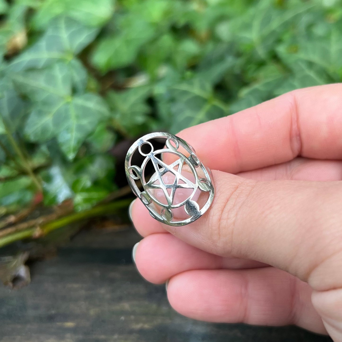 Bague Pentagramme cycle lunaire - acier inoxydable argenté - réglable