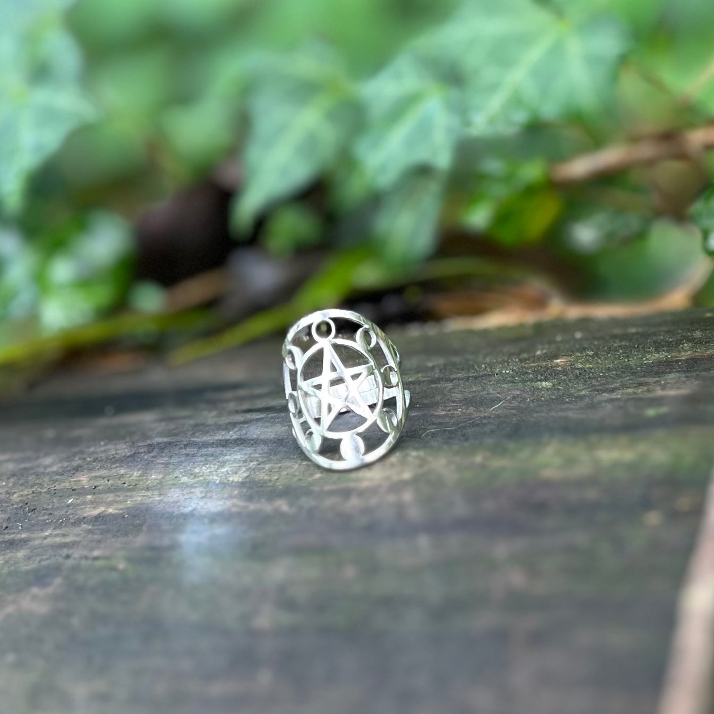 Bague Pentagramme cycle lunaire - acier inoxydable argenté - réglable