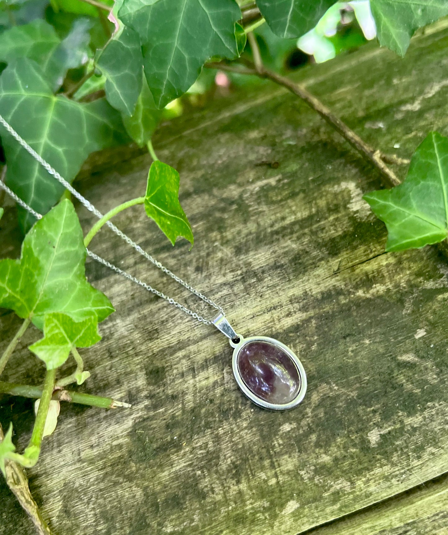 Collier Améthyste - Cabochon ovale - acier inoxydable argenté