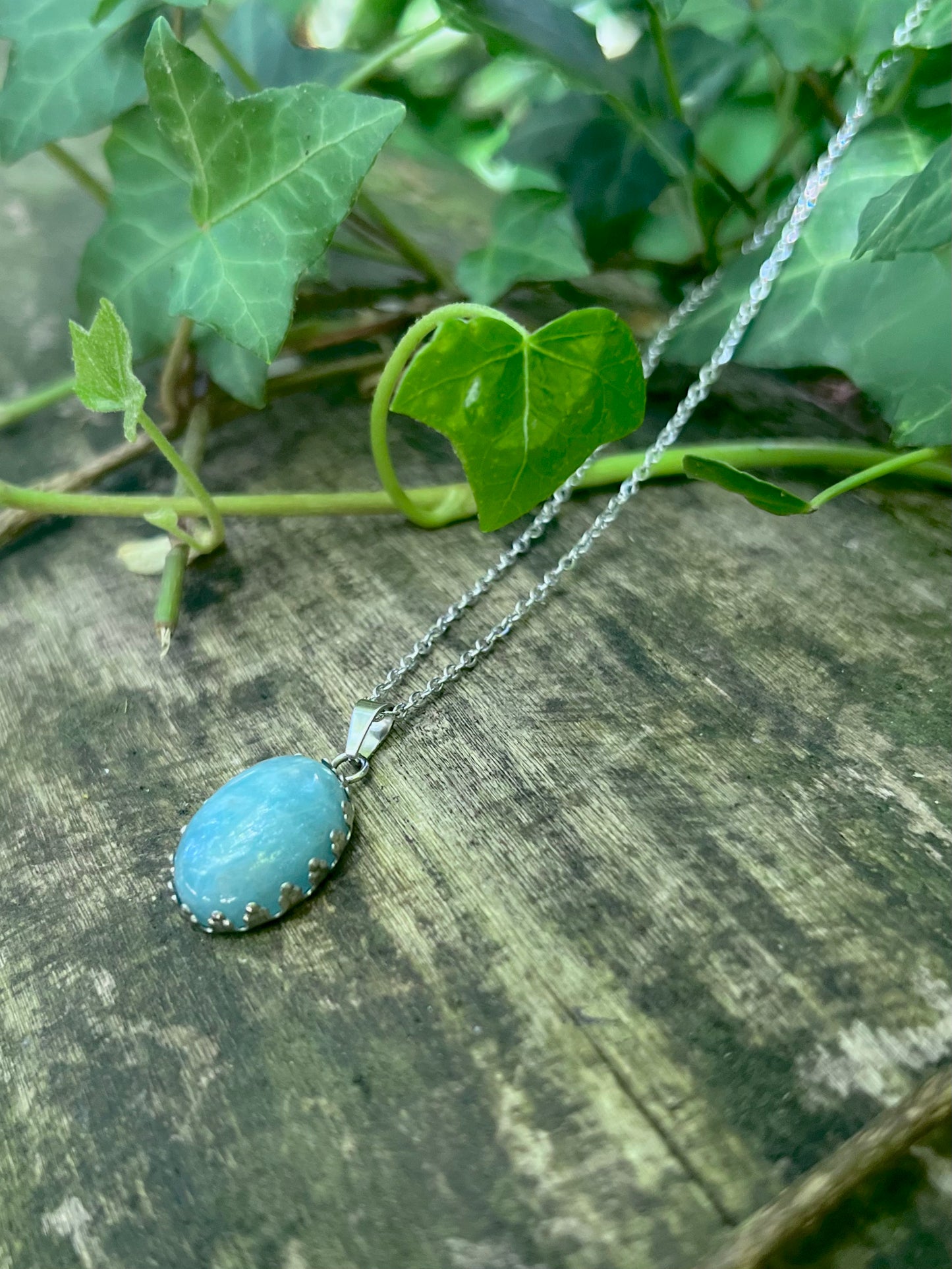 Collier Aigue-marine - Cabochon ovale - acier inoxydable argenté