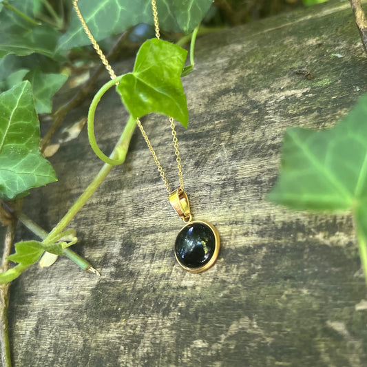 Collier Obsidienne noire - Cabochon rond - acier inoxydable doré