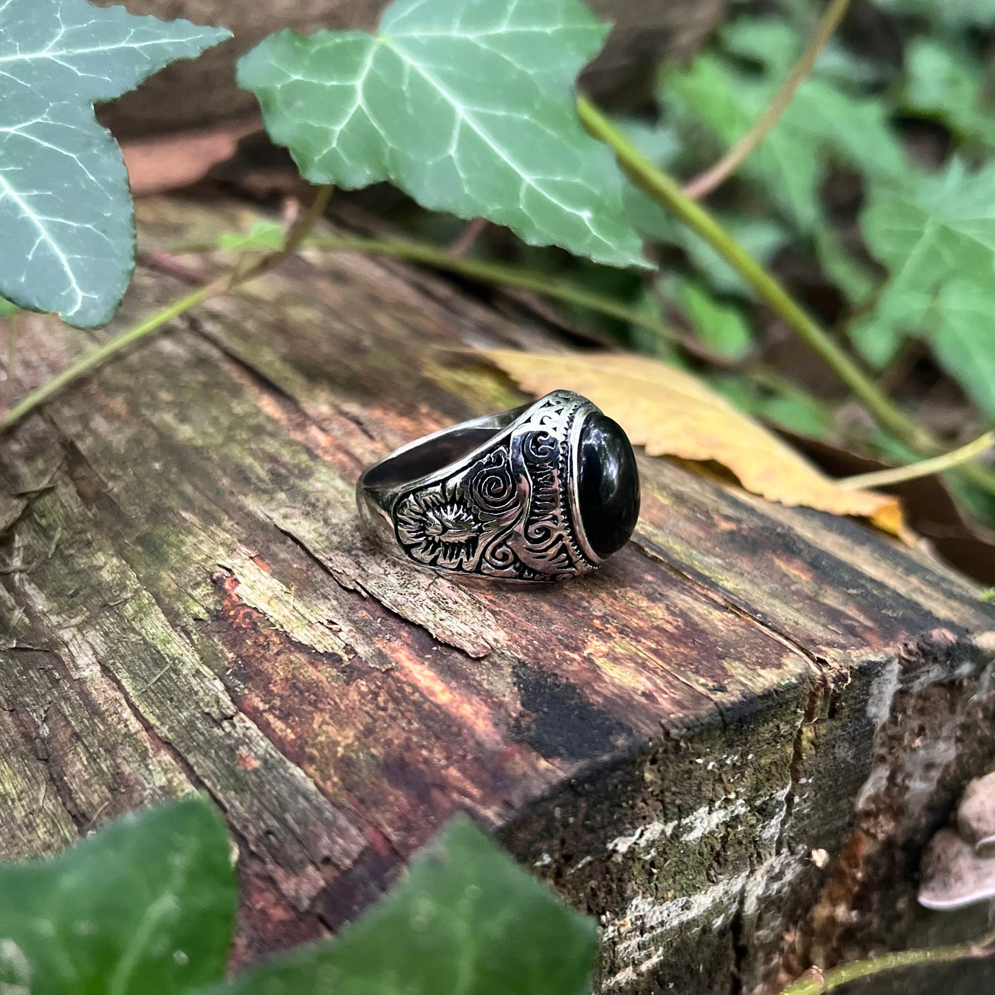 Chevalière celtique obsidienne noire - acier inoxydable